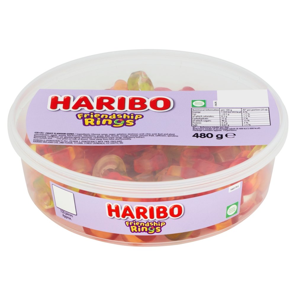 Haribo Friendship Rings - 480g (approx. 150 pieces)
No Artificial Colours.