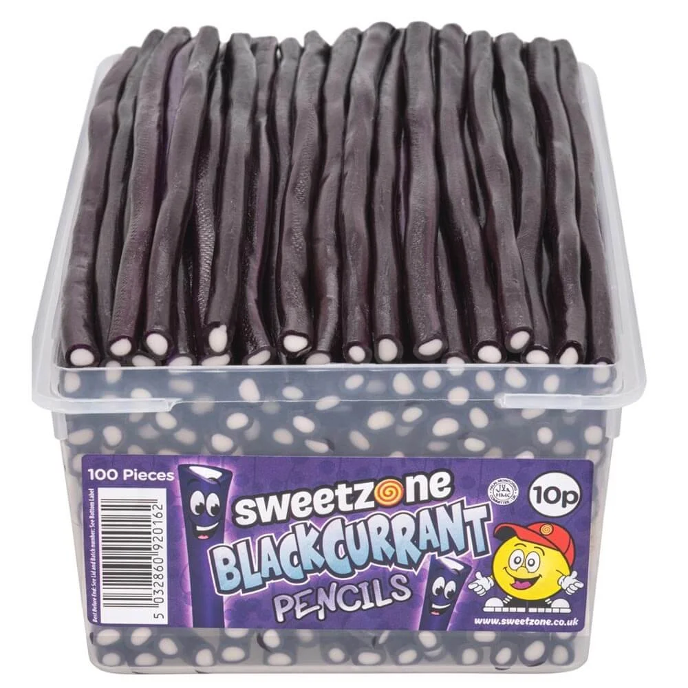Blackcurrant Pencils - 1.1kg (approx. 100 pieces)
Contains Wheat and Gluten. May contain traces of Nuts and Peanuts.
Warning: Contains E129 May have an adverse effect on activity and attention in children.
Halal.
