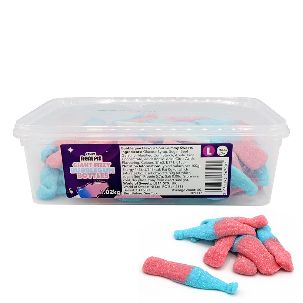 Giant Fizzy Bubblegum Bottles - 1.02kg (approx. 60 pieces)
Halal.