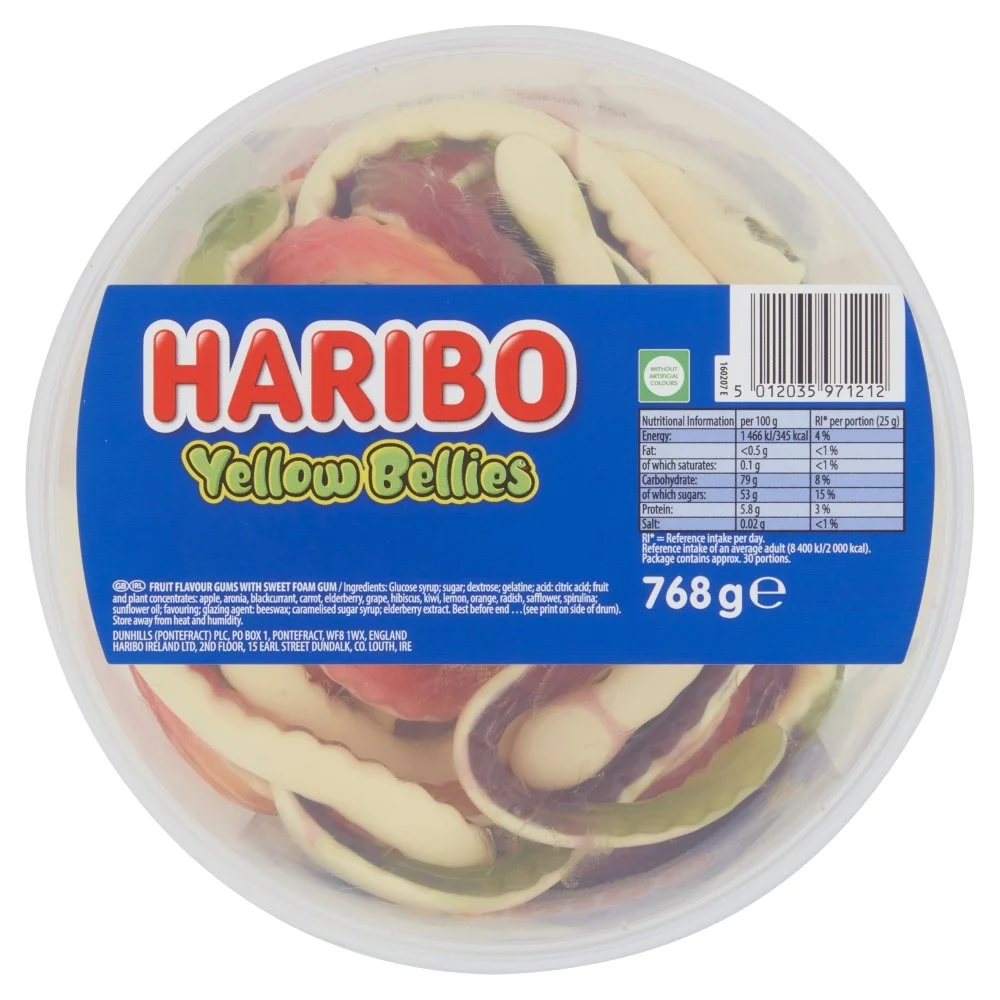 Haribo Yellow Bellies - 768g (approx. 24 pieces)
No Artificial Colours.