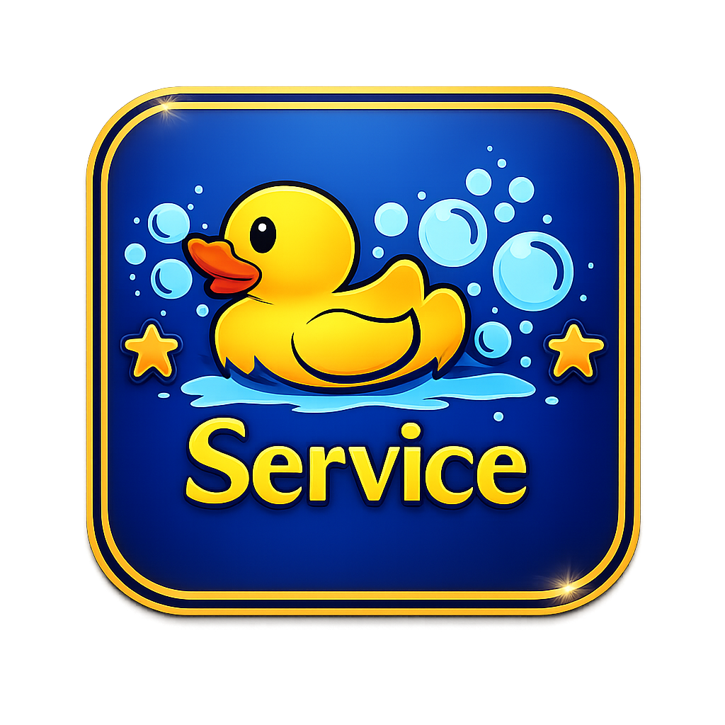 Icon of a yellow rubber duck surrounded by bubbles and stars with the word 'Service' in yellow below, on a blue rounded square background with a gold border.