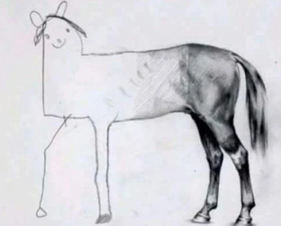 stick figure horse transitions to finished drawing, Horse drawing, stages of development, artistic growth