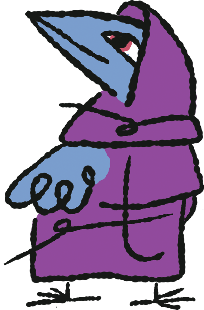 An Avian Monk, a blue bird in a purple monk's habit, looking left.