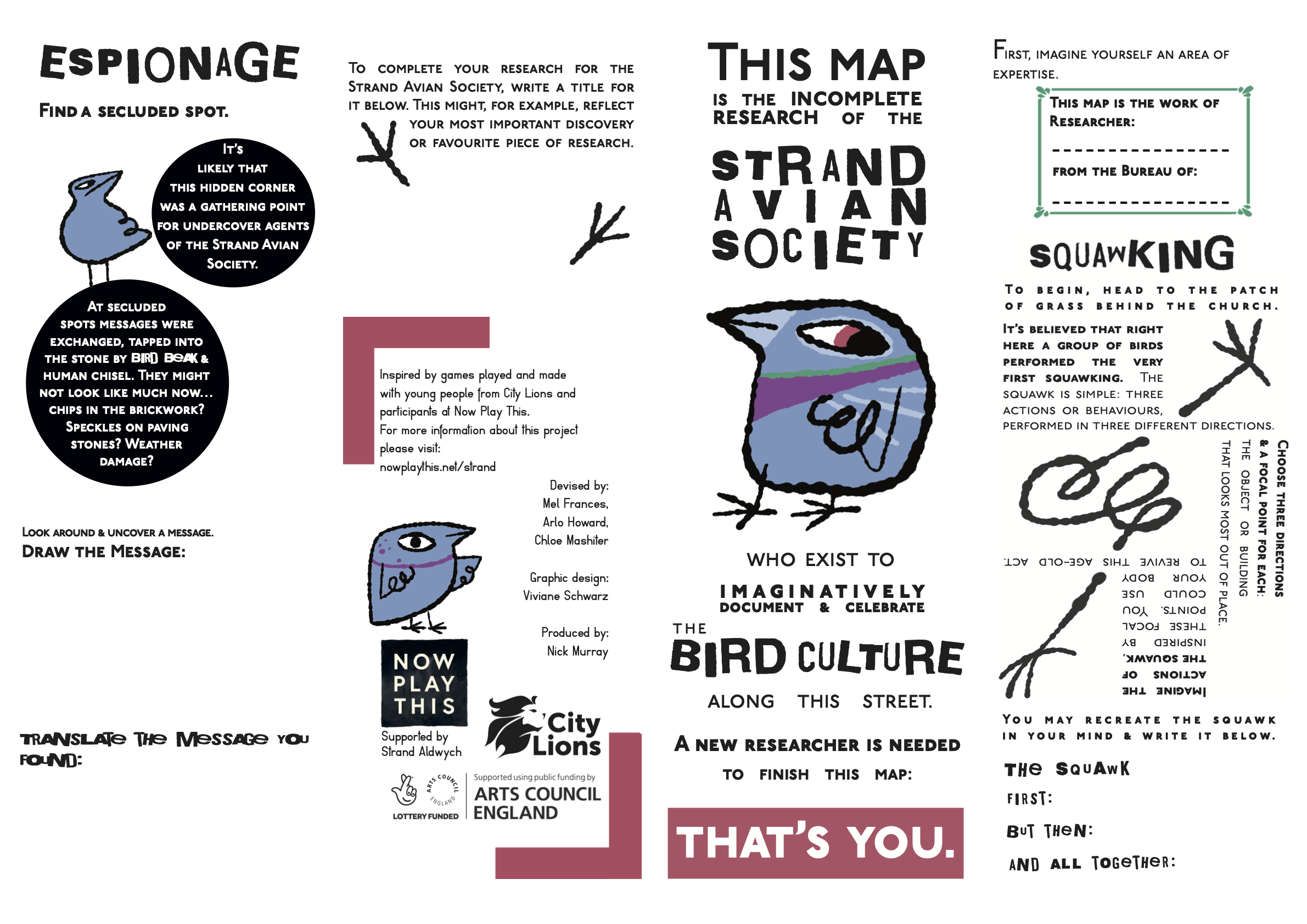 The first page of the Strand Avian Society pamphlet, including text and images of birds.