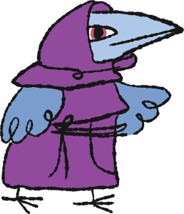 An Avian Monk, a blue bird in a purple monk's habit, looking right.