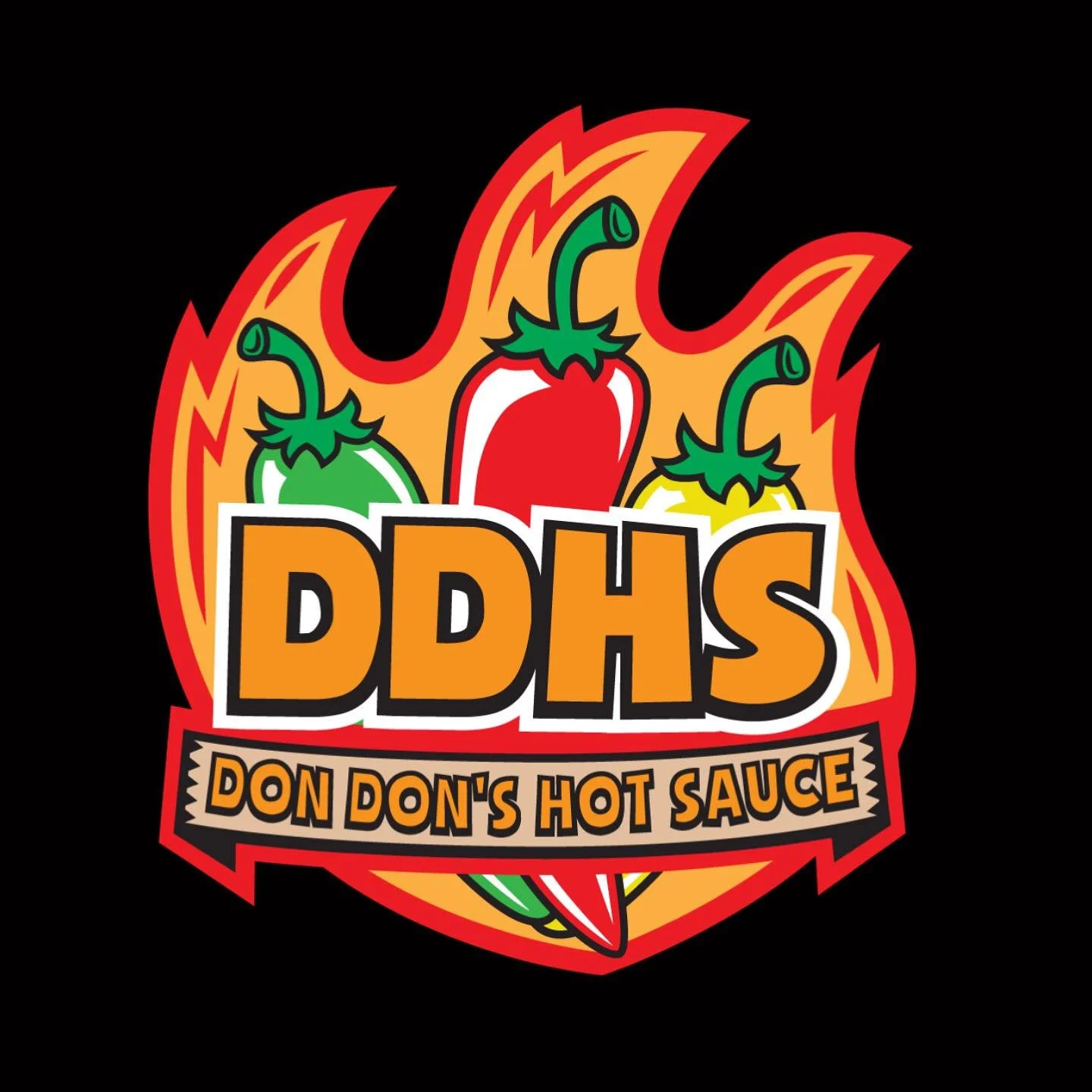 Logo for Don Don's Hot Sauce featuring three chili peppers within a flame, with the text DDHS and Don Don's Hot Sauce.