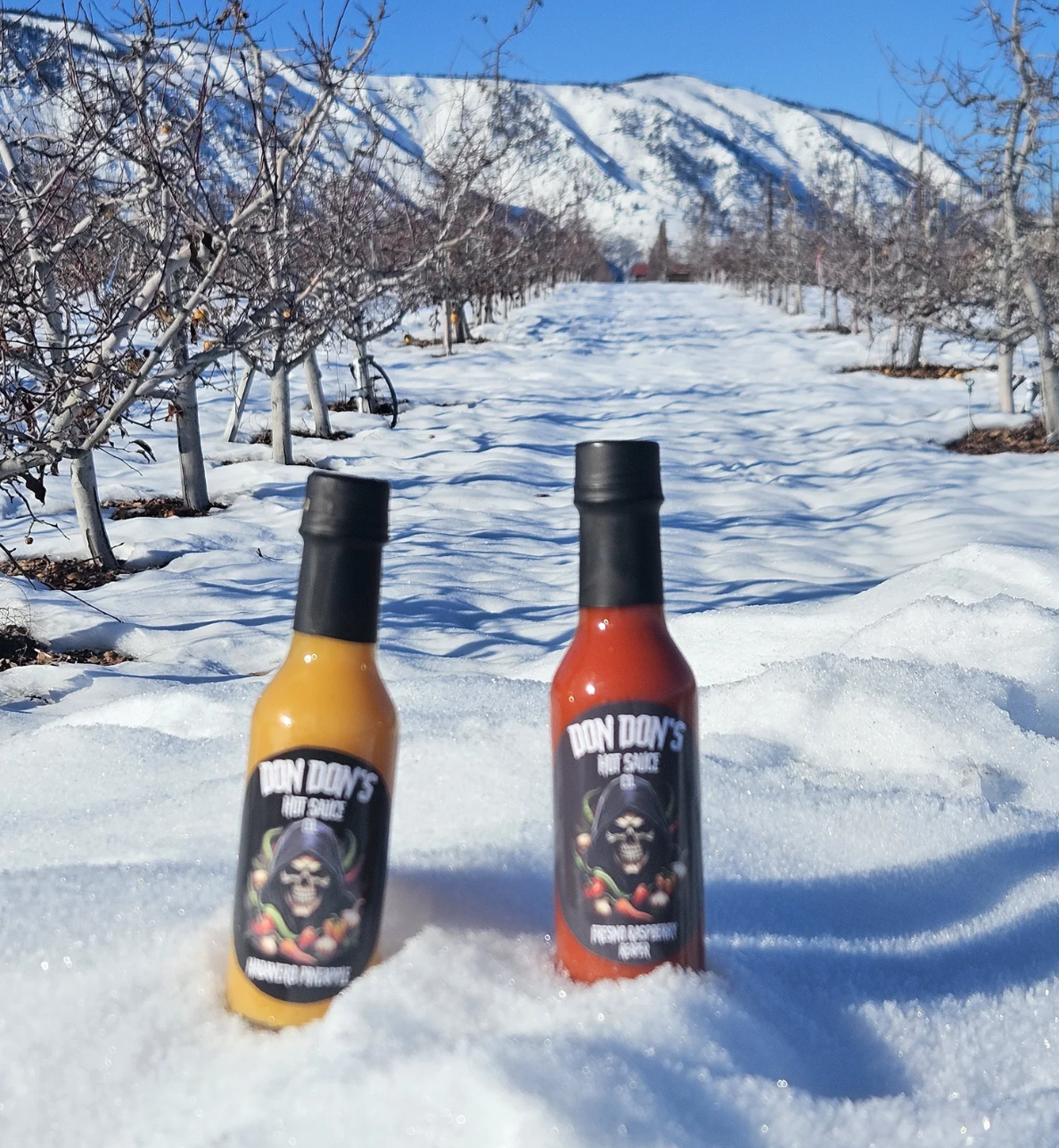 Two bottles of hot sauce, one buffalo and one spicy buffalo, are partially buried in the snow in a snowy orchard with a mountain range in the background.