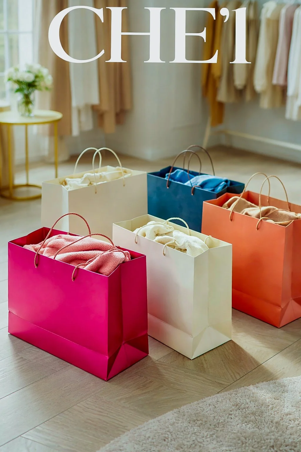 Various colored shopping bags filled with clothes or towels placed on a wooden floor in a room with curtains and a window.