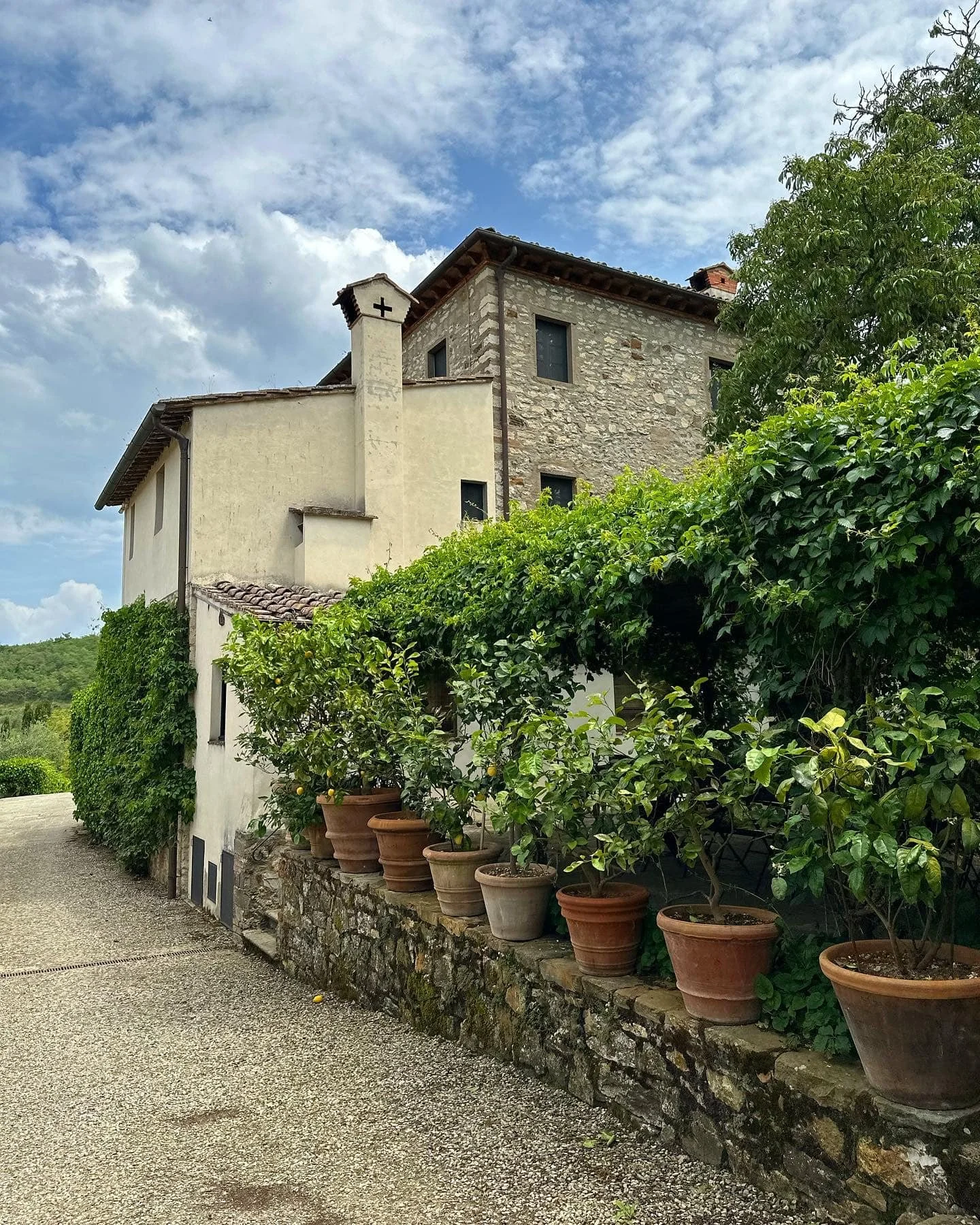 A rustic stone and stucco house with a tiled roof, surrounded by potted plants and lush greenery, under a cloudy sky.