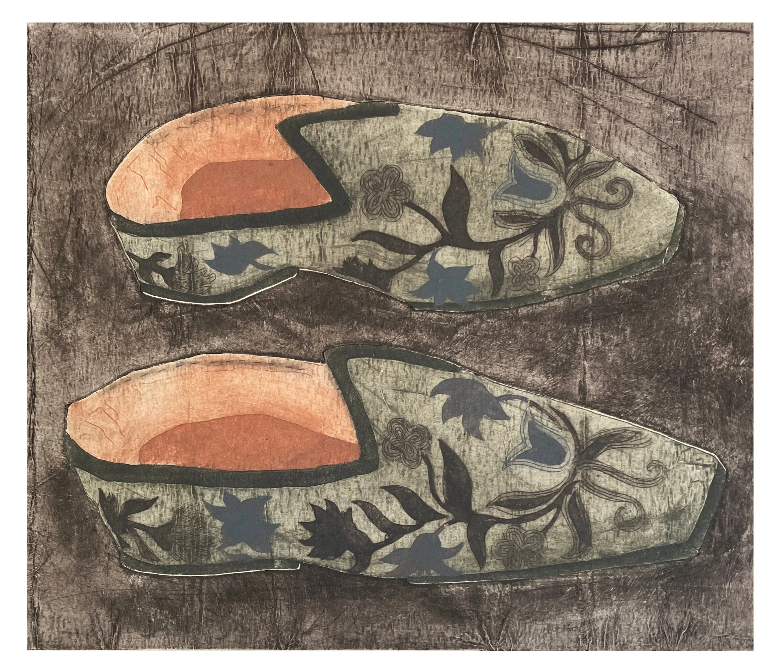 Slippers (V&A Museum), Variation No. VIII, 2026, Multi-Plate Tetra Pak Print (Collagraph & Drypoint), 24cm x 21cm