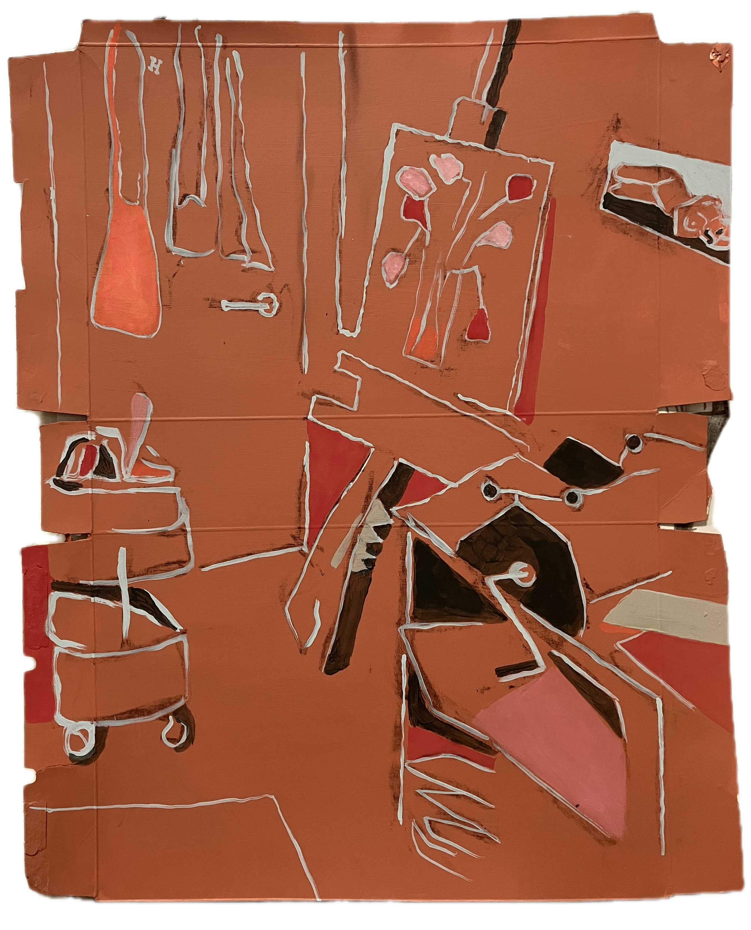 Red Studio, 2025, Gouache & Emulsion Paint on Cardboard Packaging