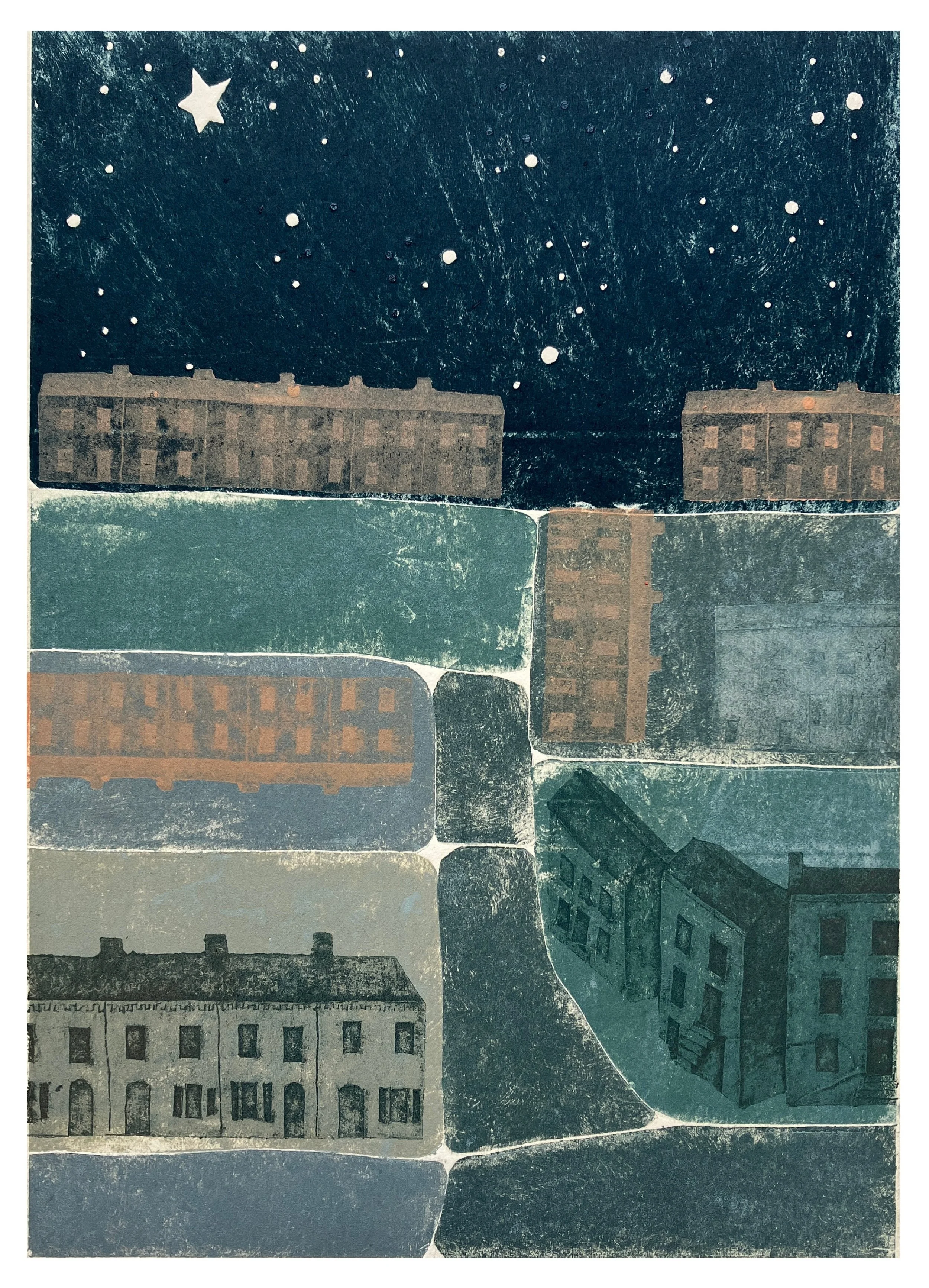 Winter Neighbourhood No. III, 2025, Multi-Plate Tetra Pak Print (Collagraph & Drypoint), 19cm x 27cm