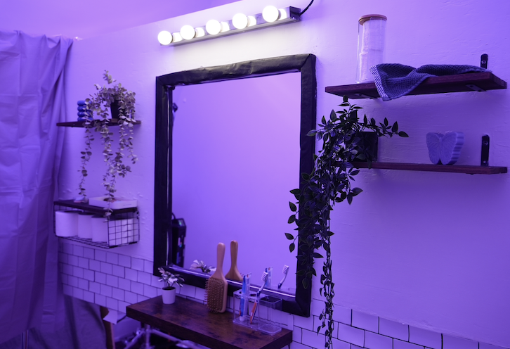 Decorative bathroom wall with a large mirror, floating shelves with plants, a butterfly decoration, and a wooden countertop with toothbrushes and brushes, illuminated by purple LED lights.
