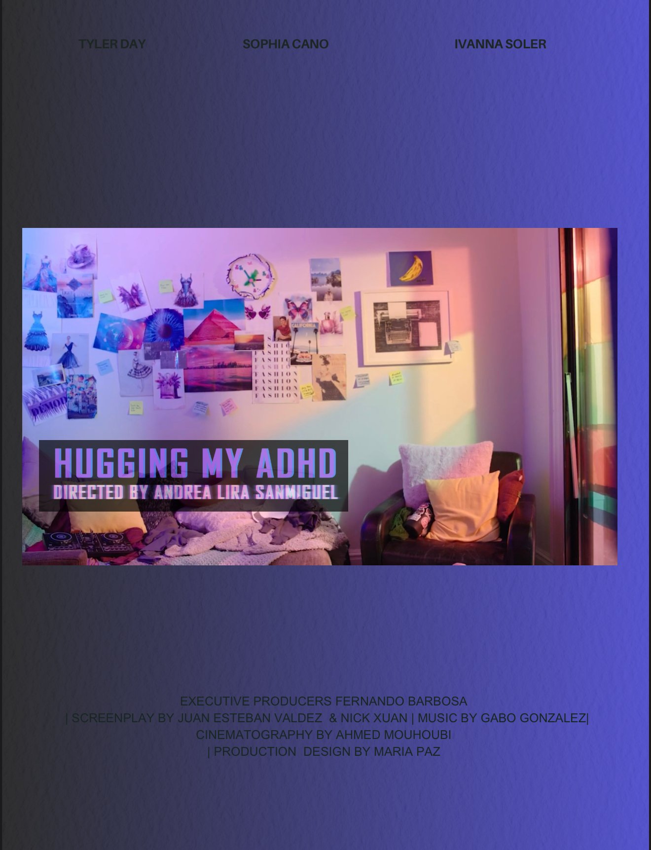 Poster for a project titled "Hugging My ADHD" with inspirational room decor and a collage of images on the wall.