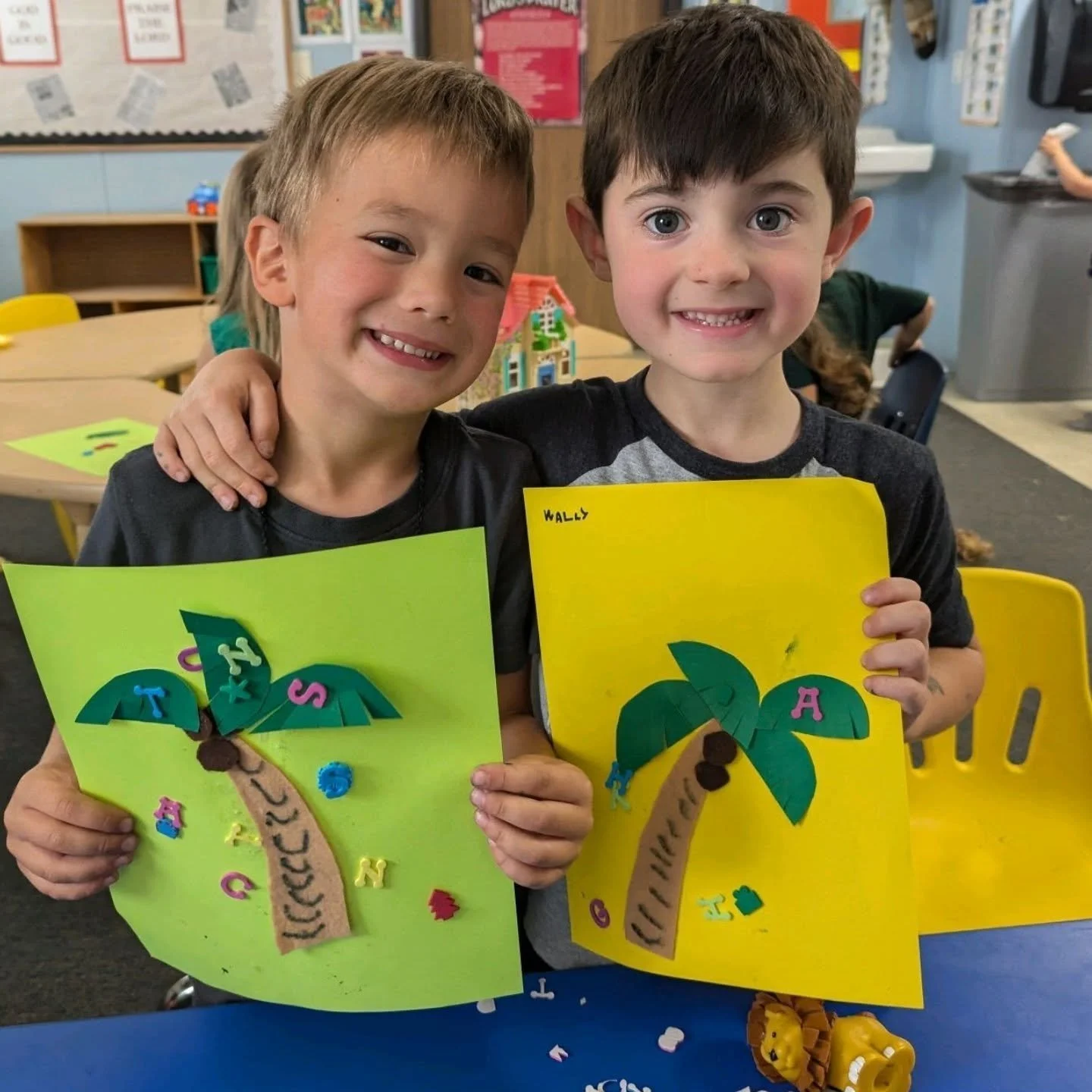 Pre-K/Nursery celebrated finishing our alphabet studies with a Chicka Chicka Boom Boom themed day! We read the book while munching on letter cookie snacks, did an alphabet scavenger hunt, worked together on a letter train puzzle and putting our found
