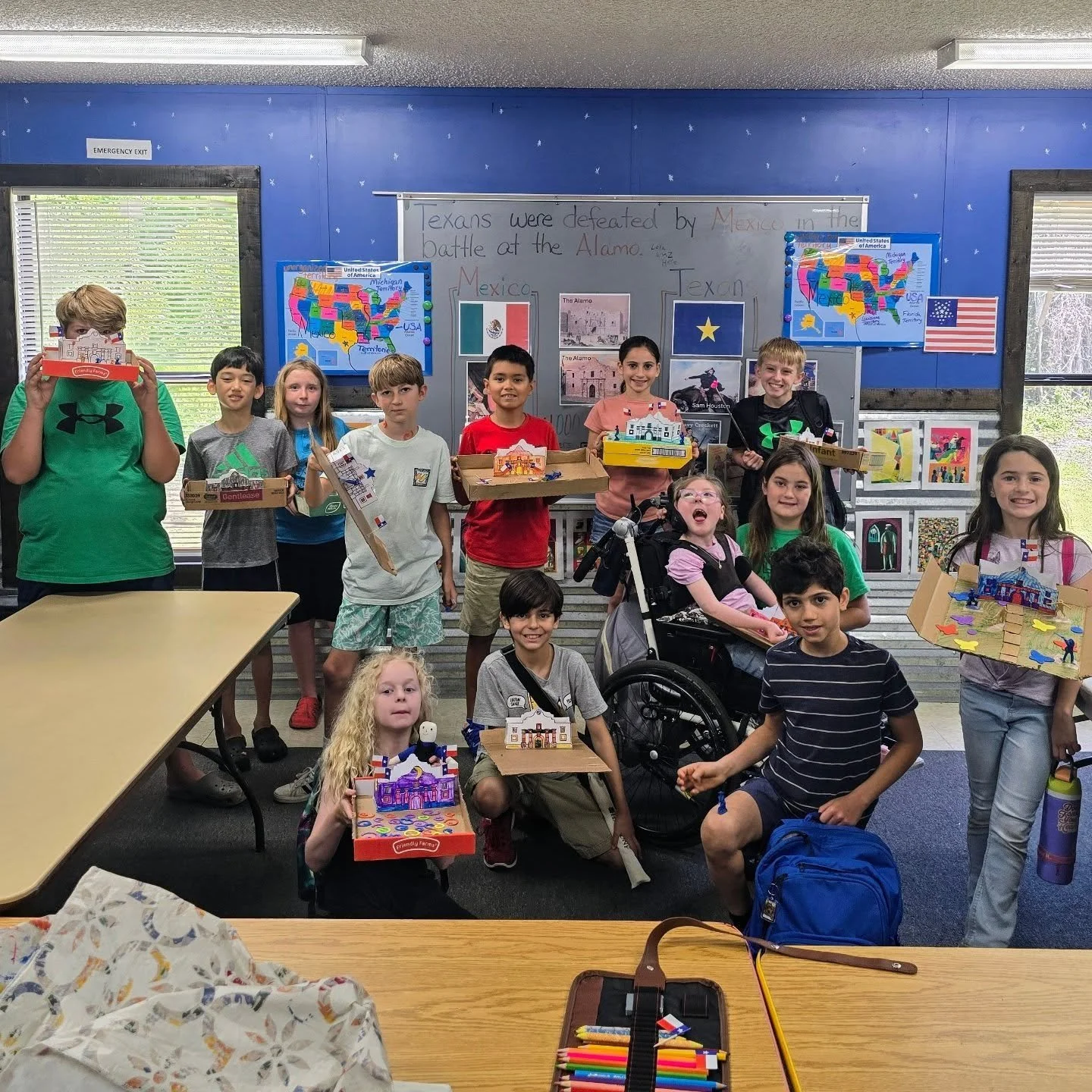 In week 22, history makes the Alamo model. Science enjoys hands-on learning with a cold smoke pouring experiment. Music studies the modern era, including Berstein and Gershwin.