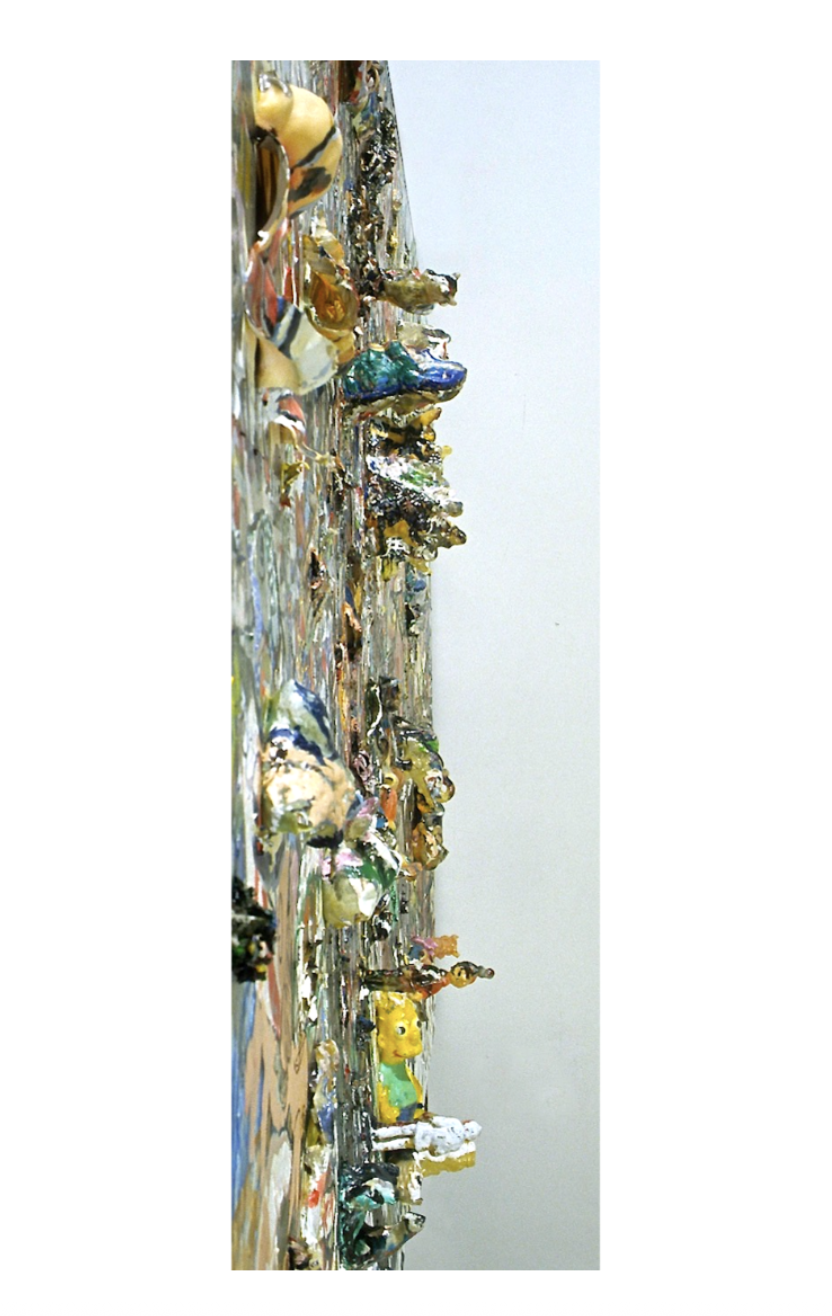 3/4 Side View of "(Hero) Paul Robeson " showing material depth of the works in this series. Oil on canvas with found objects and cast acrylic paint 