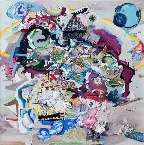 Sleeps With the Fishes. Oil, acrylic, found objects on canvas. 48"H x 48"W x 4"D. 2010