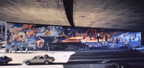 Grand Performance 1984. Grand Ave, Oakland, CA. 3,200 sq. ft. Created in collaboration with Daniel Galvez and the assistance of Karen Sjoholm and Brooke Fancher and the creative input of participants in our mural design workshop.