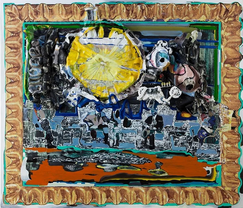 Sunset. Oil and cast acrylic paint, found objects on canvas.                                                                                                                                                                                              