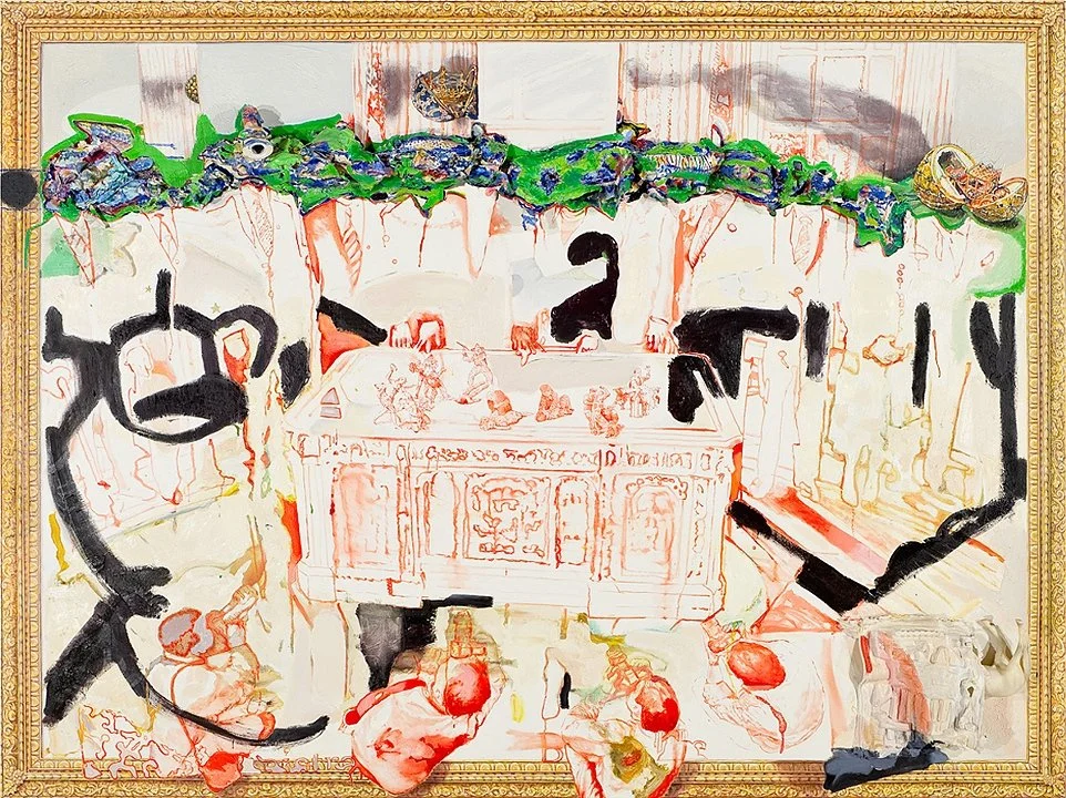 Table.  Oil and cast acrylic paint, found objects on Canvas. 67in H x 89In W x 4in D. 2011                                                                        