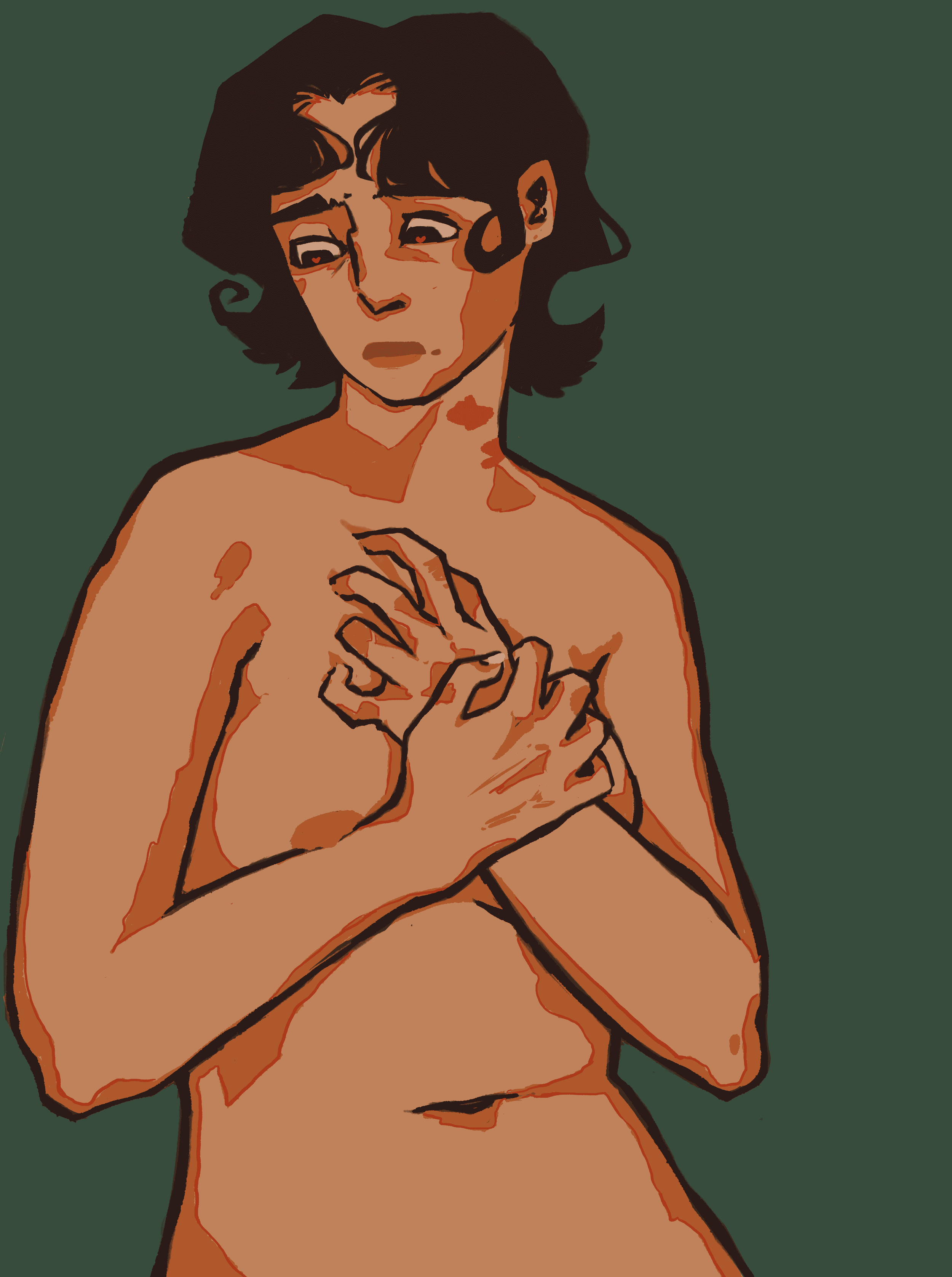 A digital illustration of a woman with dark, short and wavy hair, holding herself with her hands crossed over her chest, appearing contemplative or distressed, against a solid dark green background.