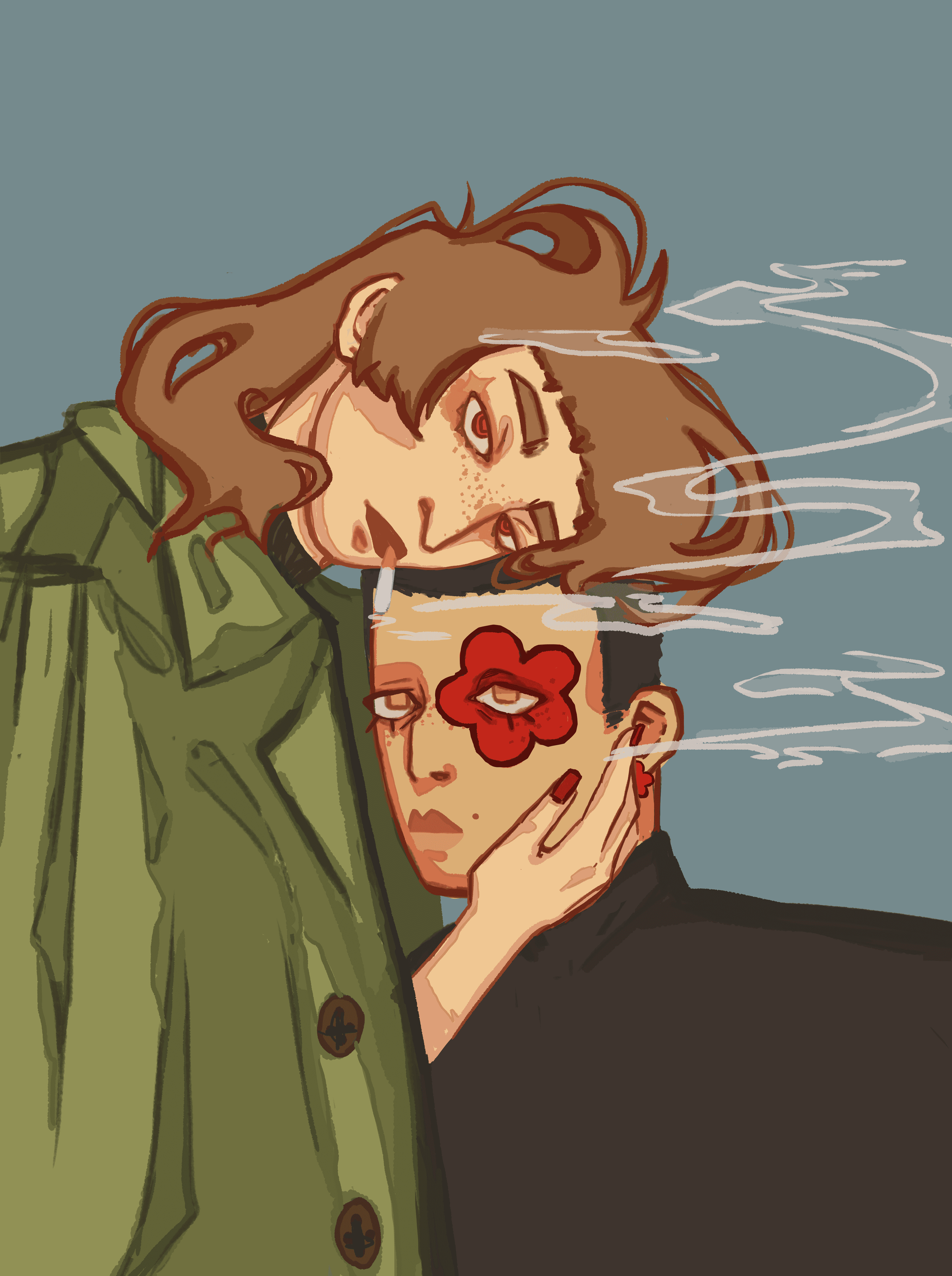 Digital illustration of two individuals with a moody aesthetic. The person on the left has messy brown hair, freckles, and wears a green jacket. They are holding a cigarette and their head leans on the other person's head. The person on the right has