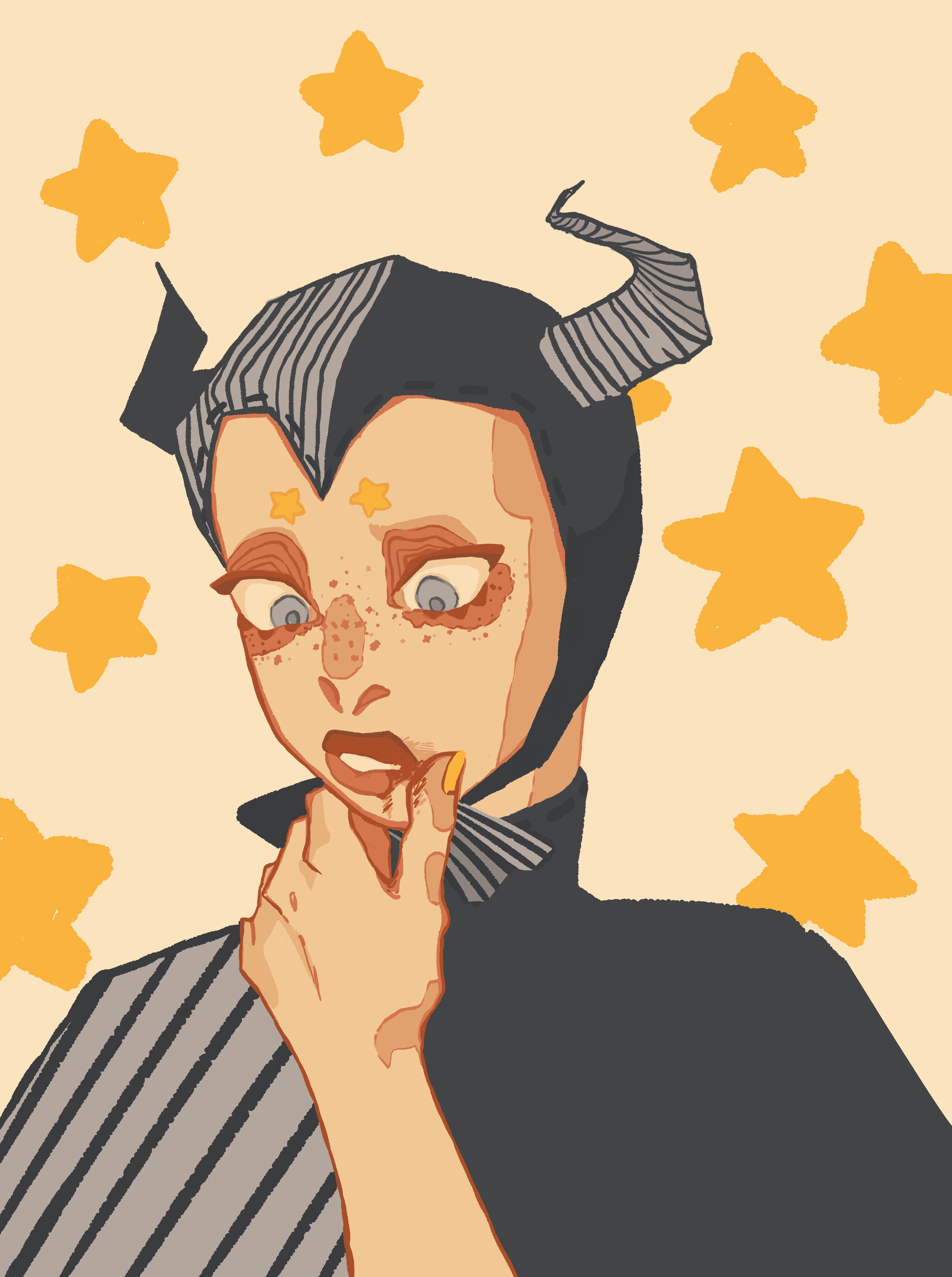 Illustration of a woman with striped horns, a striped necktie, and shoulder-length dark hair, surrounded by yellow stars, with her finger on her lips in a thoughtful pose.