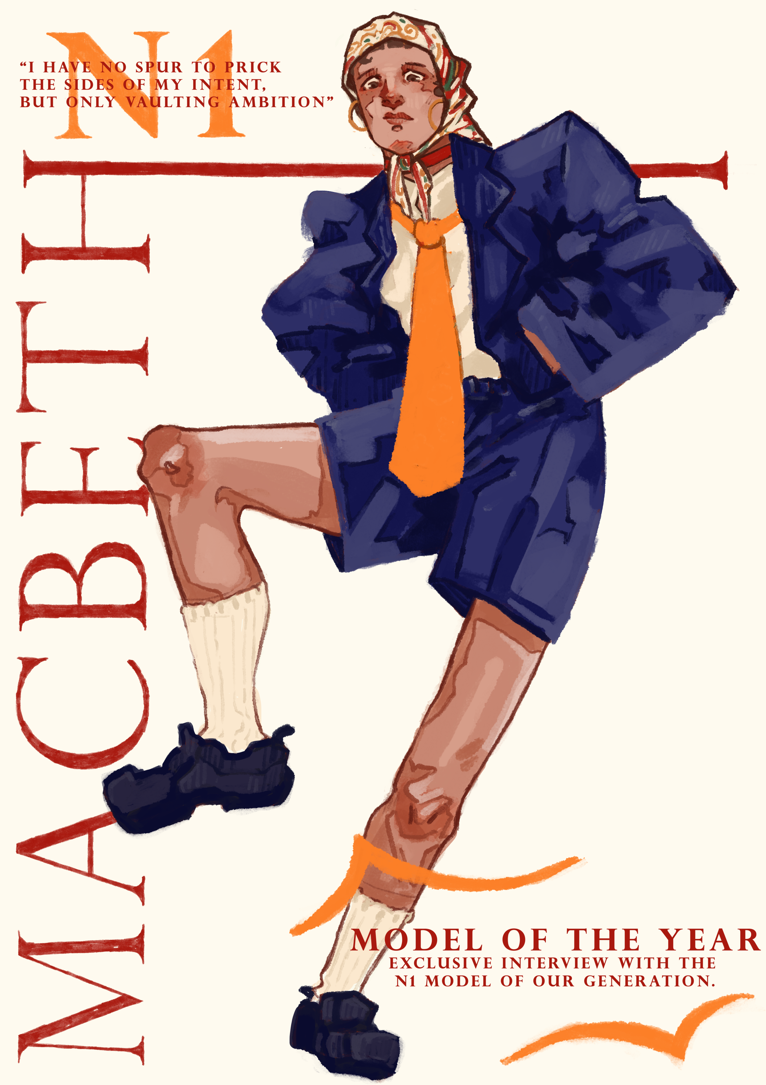 An illustration of a woman with a headscarf, teal blazer, orange tie, and shorts, with one leg raised, wearing socks and chunky shoes. The image features bold text including "N1" at the top, a quote in quotes, and the text "Model of the Year" and "Ex