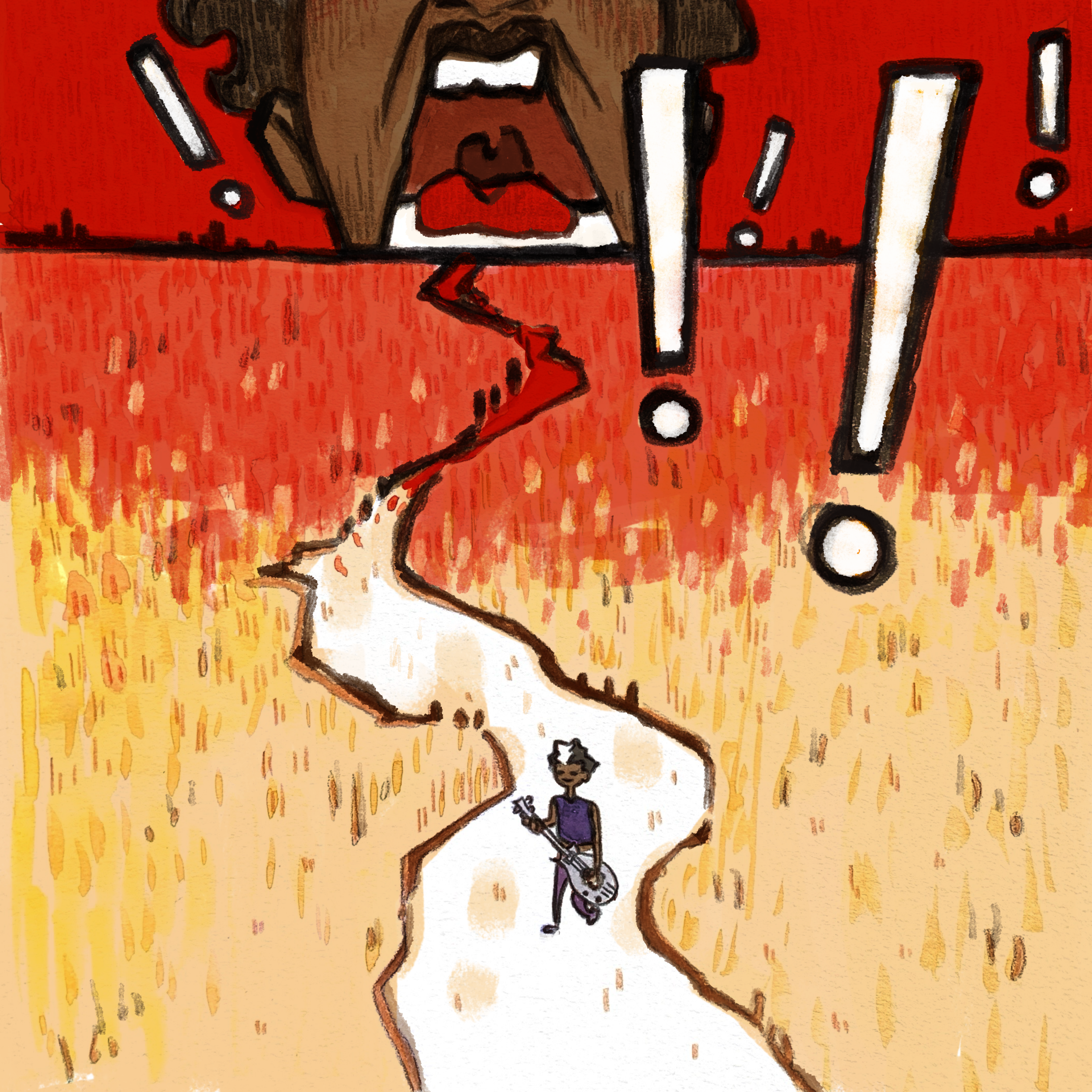 A person walking along a winding path holding a guitar, with an abstract background of red and yellow shades and large exclamation marks and question marks above, and a large face with open mouth at the top.