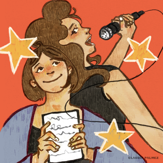 Two women singing into microphones, one holding a paper, with star graphics around them.