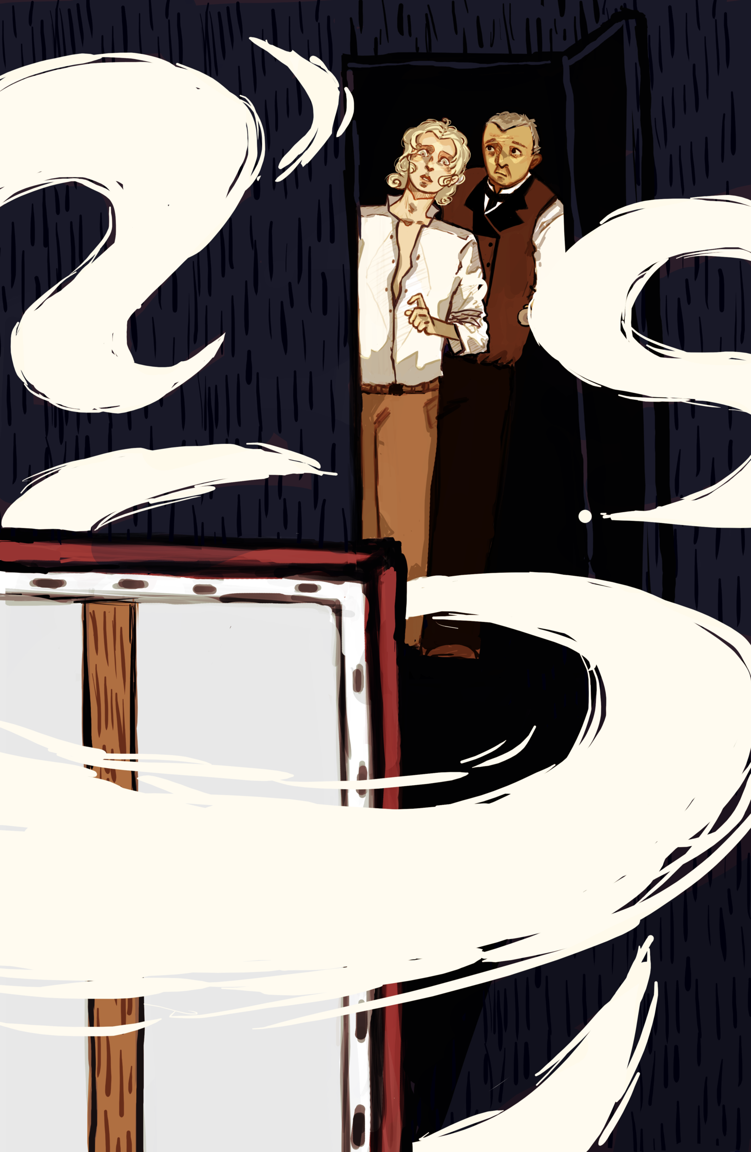 Two people look out from behind a door, with large white smoke swirling around them.