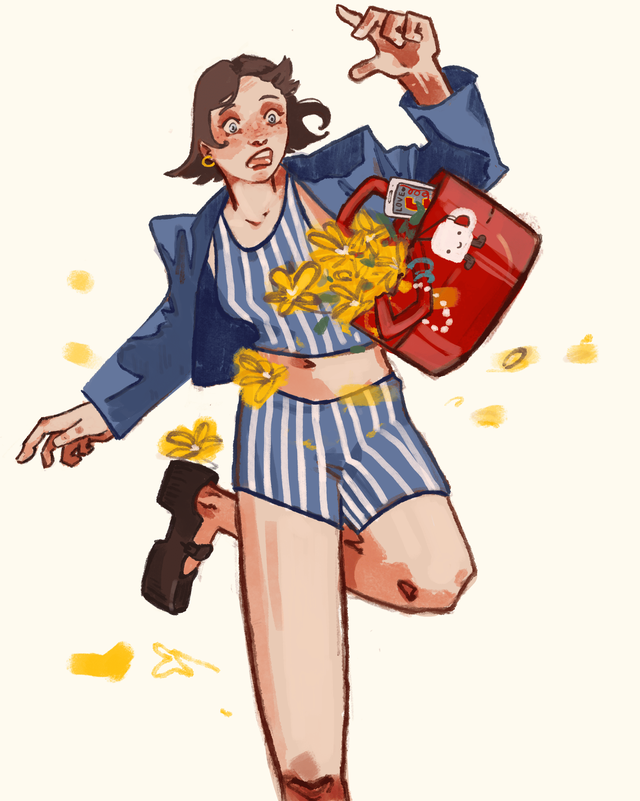 A woman in pajamas with a blue blazer, holding a red purse, is depicted falling or running, with surprised or alarmed expression, surrounded by scattered yellow flowers.