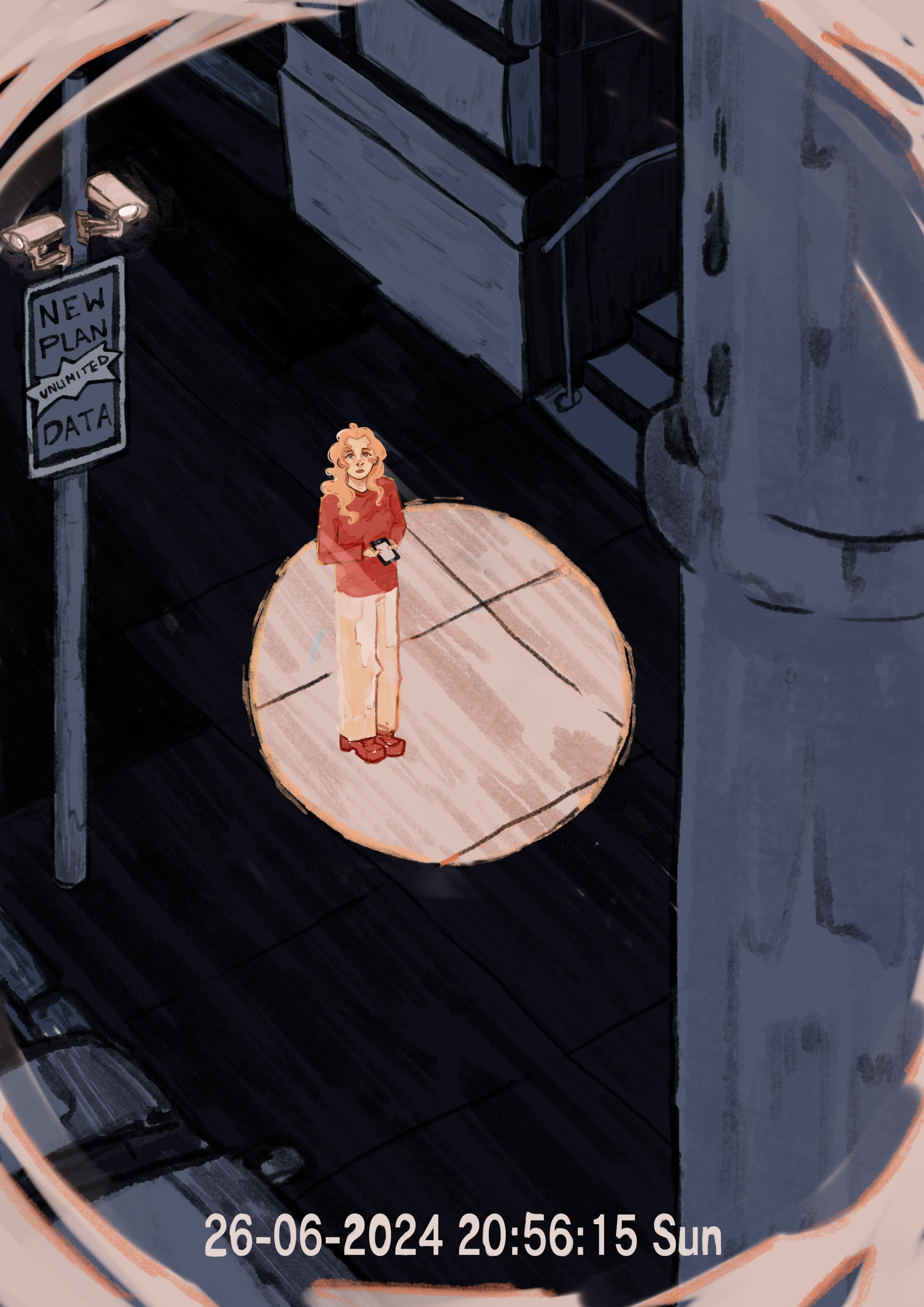 A young woman with long blonde hair, wearing a red sweater and beige pants, is standing under a streetlight at night on a sidewalk, looking up at the camera. There is a sign on a pole nearby that reads "New Plan Unlimited Data." The image has a times