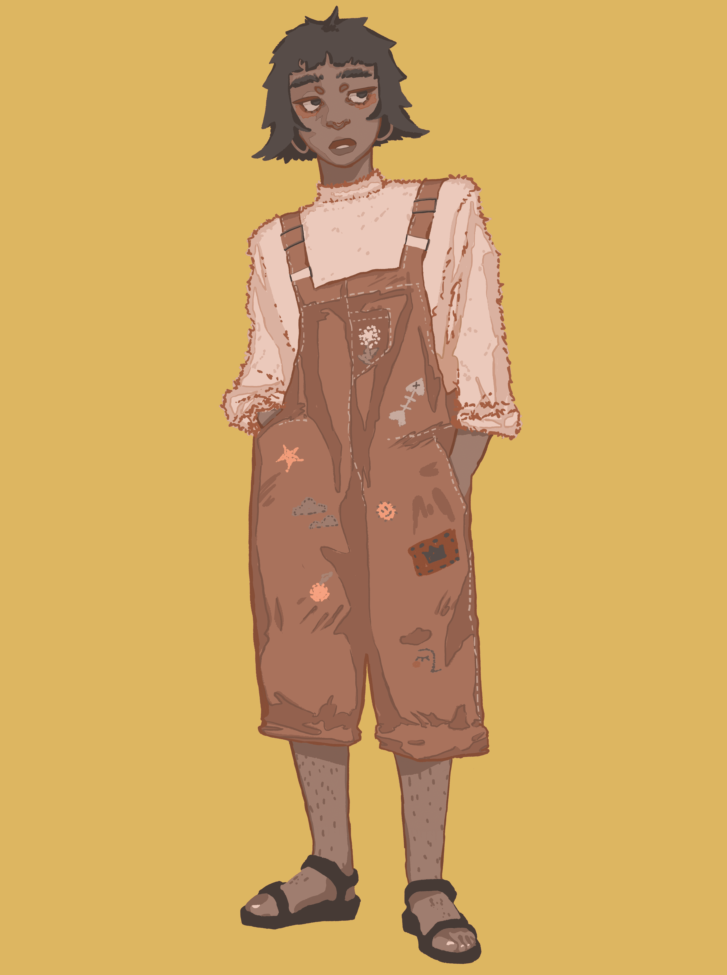 A young woman with short, messy black hair and dark skin, wearing a beige blouse with three-quarter length puffed sleeves, brown overalls with patches and distressed details, fishnet socks, and black sandals, standing against a yellow background.