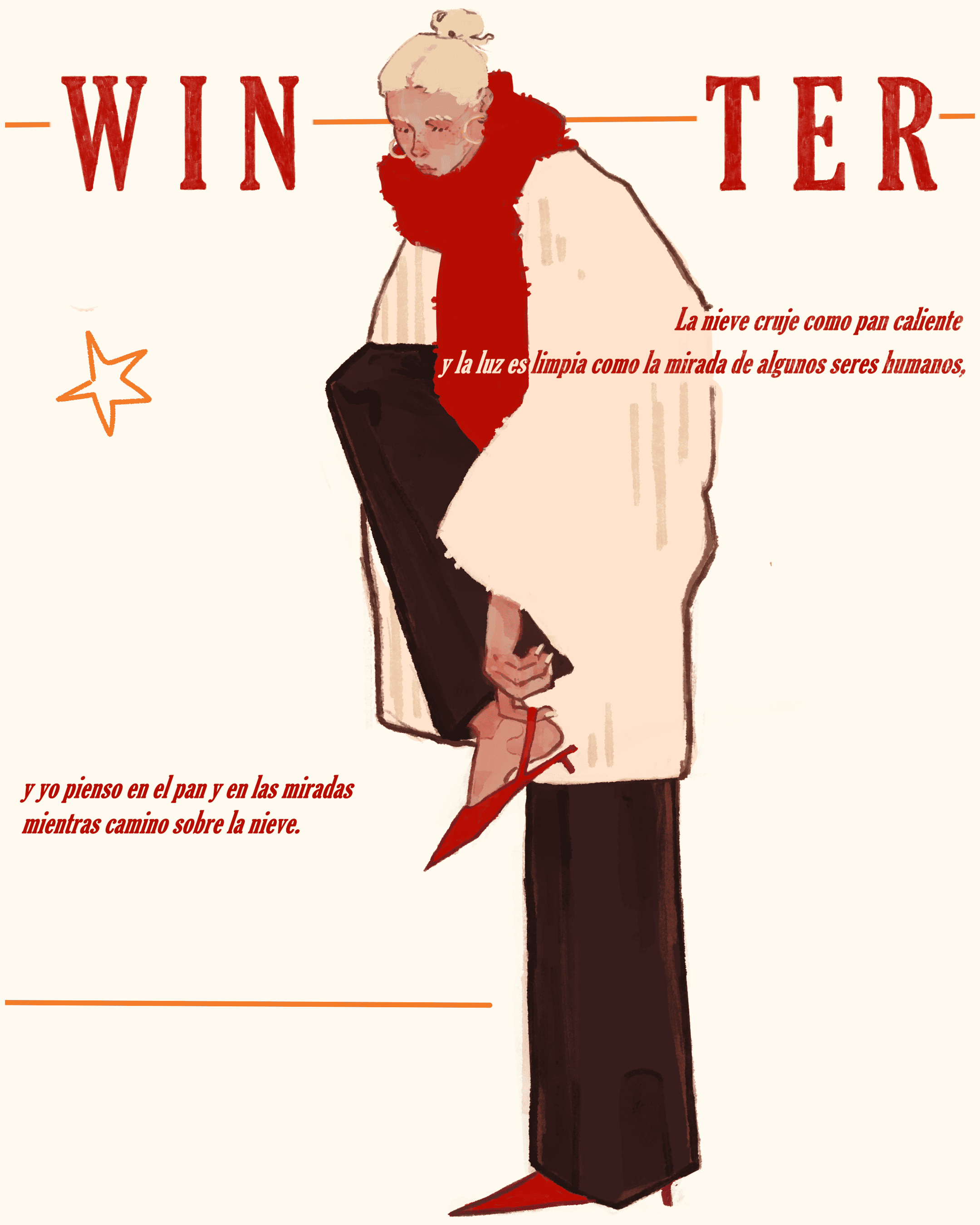 An artistic illustration of a person dressed for winter, with a white coat, red scarf, and holding a red umbrella, standing against a plain background with the words "WINTER" and Spanish text about snow and sunlight.