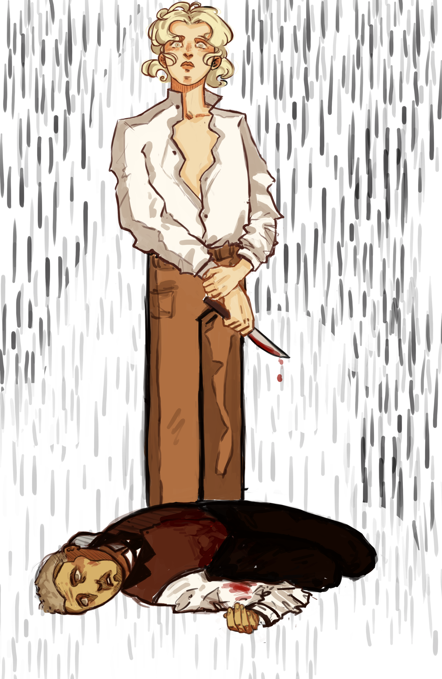 A woman with blond curly hair, dressed in a white shirt and brown pants, stands holding a bloody knife, looking shocked and distressed. She is standing over a man lying on the ground, who appears to be injured or dead, with blood on his shirt and a p