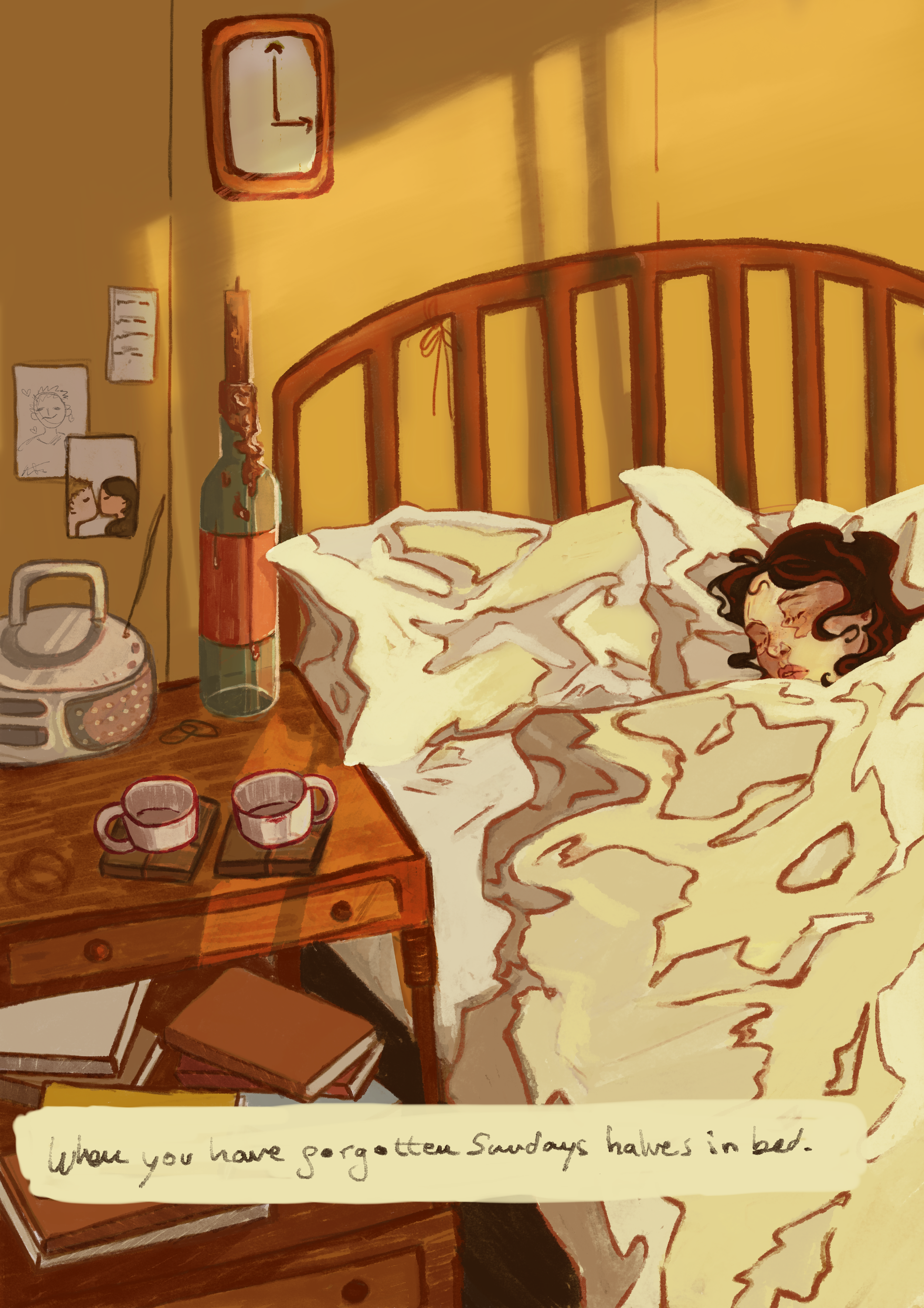 A cozy bedroom scene featuring a person sleeping with curly hair, covered with a duvet, in a bed with a wooden headboard. The room is warmly lit with sunlight streaming through the window. Beside the bed is a nightstand with two cups on coasters, a v