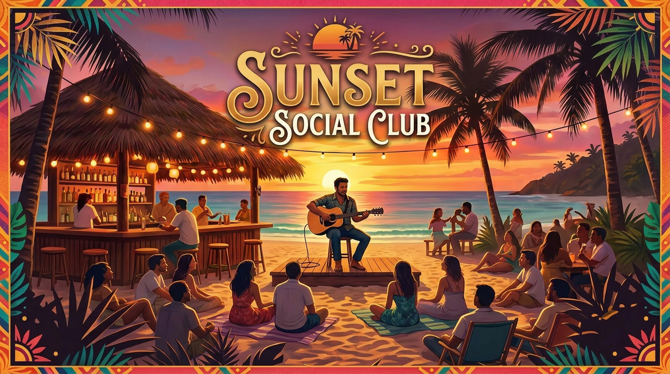 A sunset at a beach with a social club gathering, featuring people sitting on the sand and around tables, listening to a guitarist performing on a small stage. There is a tiki bar with string lights, palm trees, and a scenic ocean view with an island in the distance.