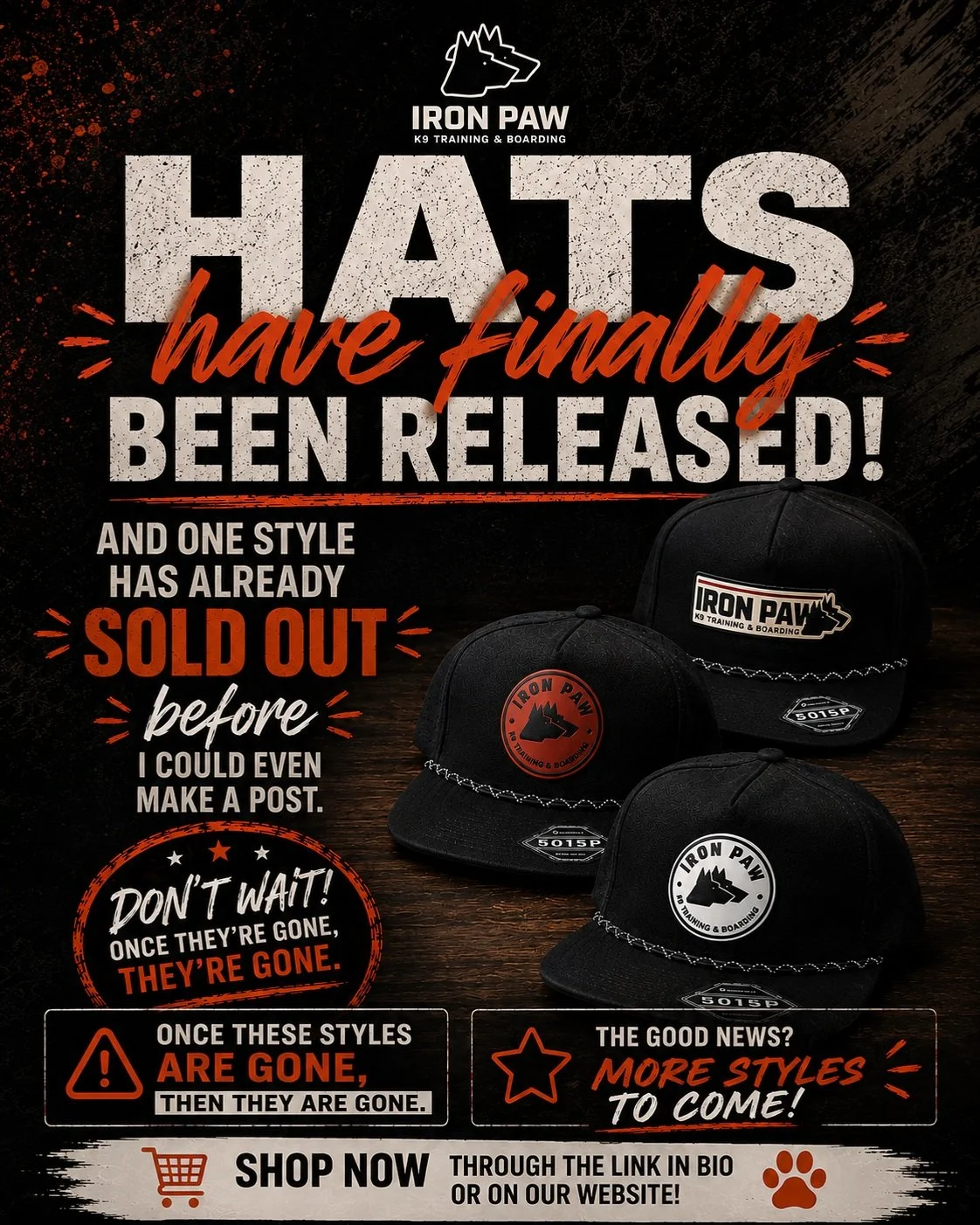 They're finally here. 🔥

Our first Iron Paw K9 hats have officially dropped, and one style sold out before we could even make a post.

If you see one you like, don't wait. Once these styles are gone, they're gone. The good news? More styles are alre