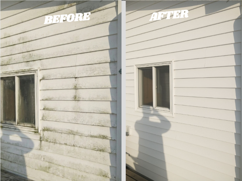 Before & After image of power washed vinyl siding on side of a house