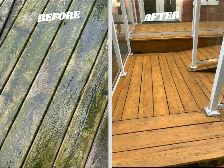      Before & After image of power washed Deck
