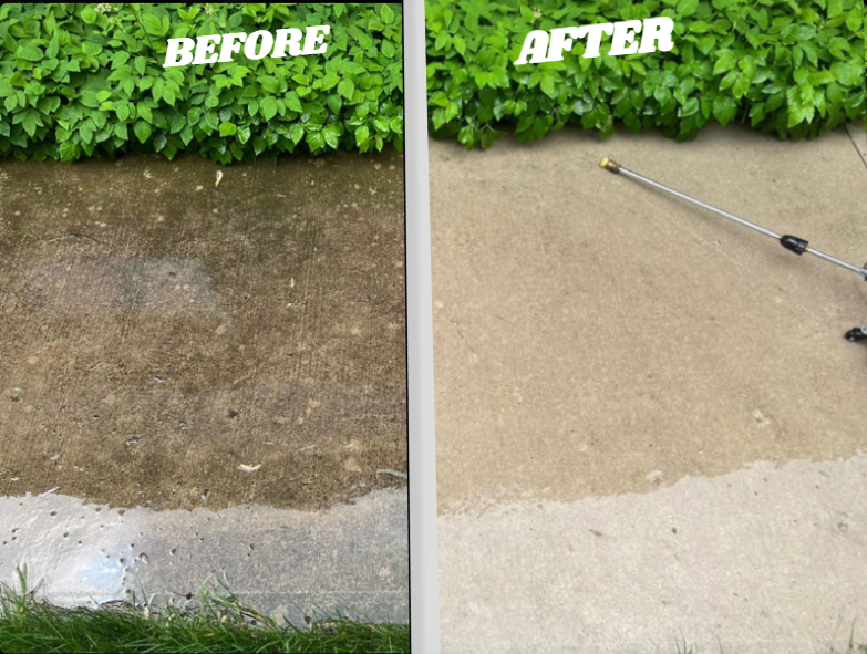 Before & After image of power washed concrete walkway
