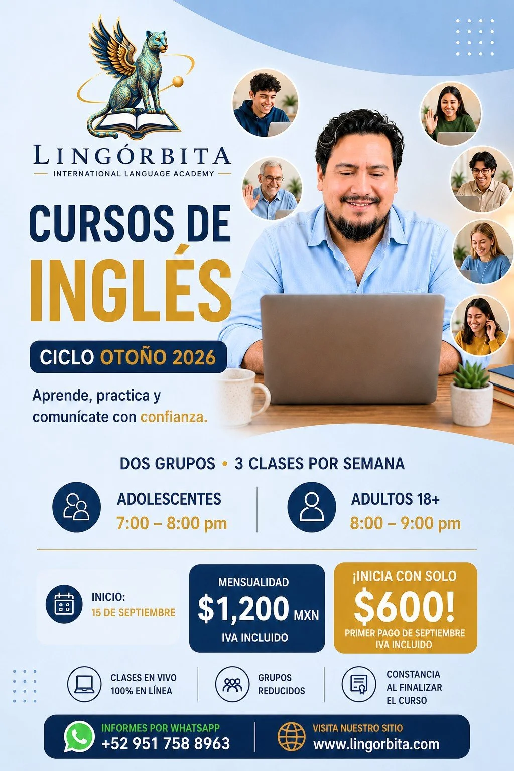Advertisement for Lingorbita English courses featuring a smiling man with a laptop, with diverse students in virtual call circles, promoting online classes starting September 15, 2026, for adolescents and adults, priced at $1,200 MXN monthly or $600 MXN with a first September payment. Contact info and website included.
