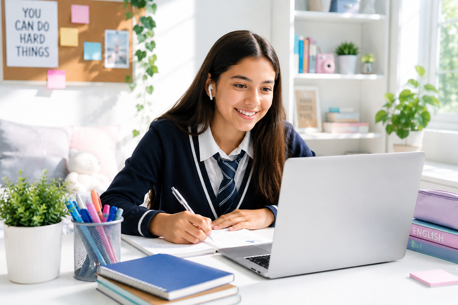 Adolescente tomando cursos de inglés en línea desde su escritorio, usando una laptop en un espacio iluminado y organizado con libros y decoración educativa.