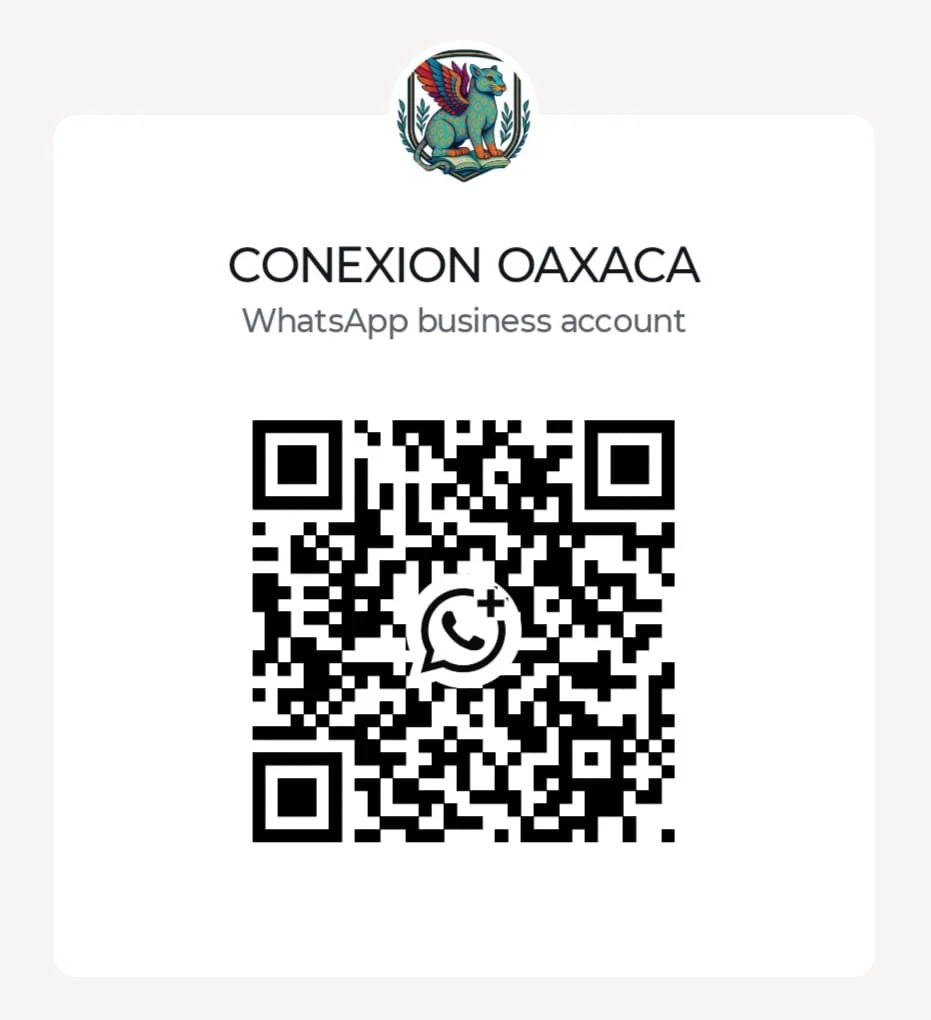 Tarjeta de contacto de Conexión Oaxaca con código QR para WhatsApp Business, logotipo colorido e información de contacto para clases de inglés y español en línea.