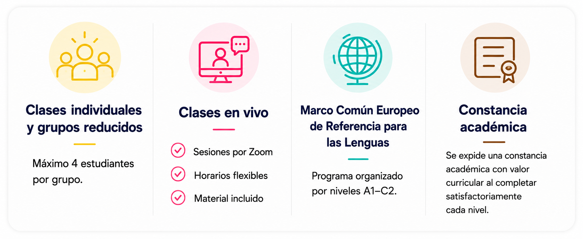 Información sobre cursos de inglés en grupos reducidos e individuales, clases en vivo por Zoom, niveles del Marco Común Europeo de Referencia para las Lenguas y constancias académicas.