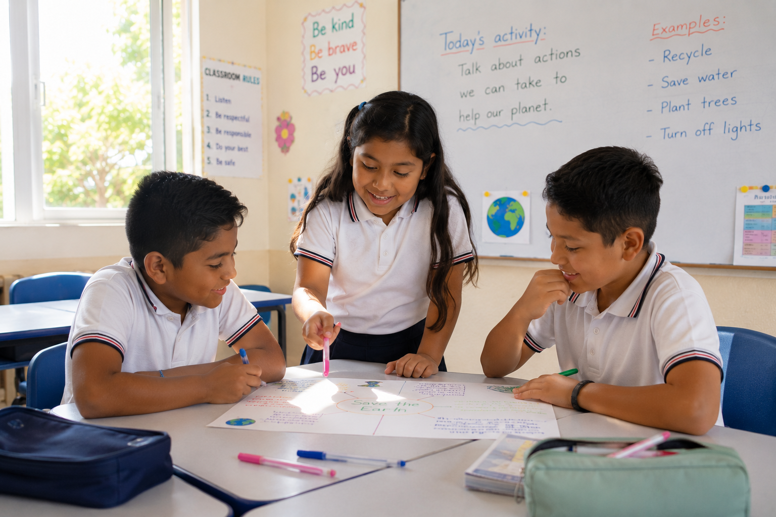 Estudiantes participando en cursos de inglés y trabajando en equipo dentro de un salón de clases, con una lección educativa sobre el cuidado del planeta en el pizarrón.
