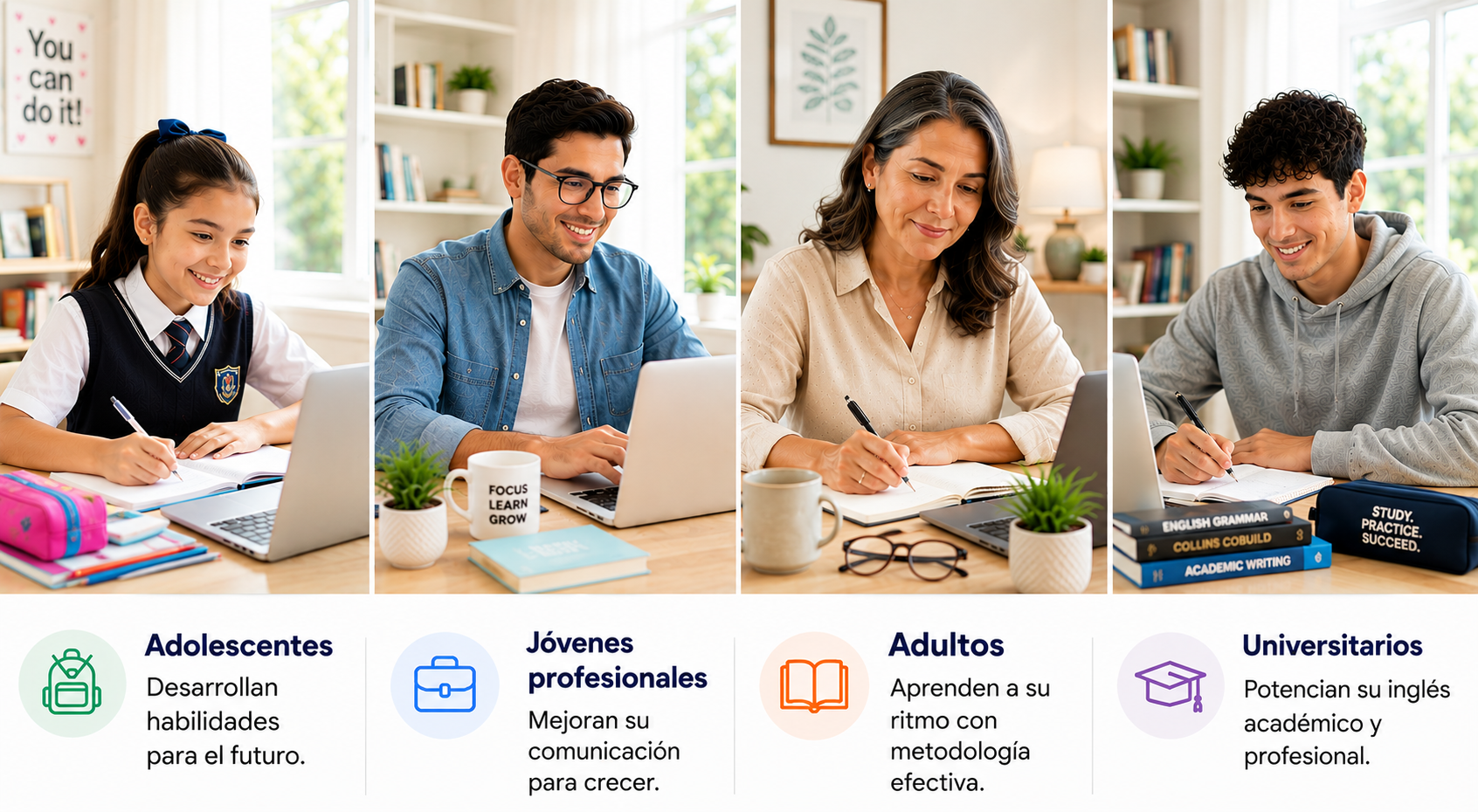 Collage de estudiantes y profesionales tomando cursos de inglés en línea y utilizando laptops en espacios de estudio iluminados, con información sobre programas educativos para diferentes edades y niveles de aprendizaje.