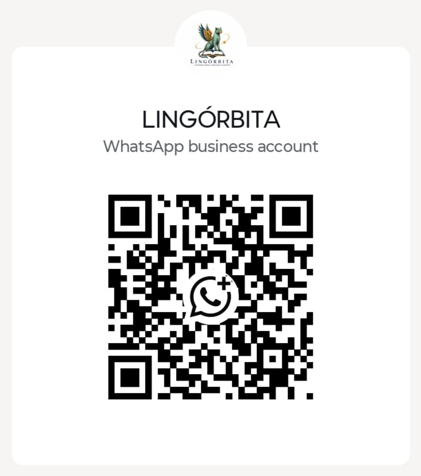 Código QR de Lingórbita para información sobre clases de inglés y español online por WhatsApp.